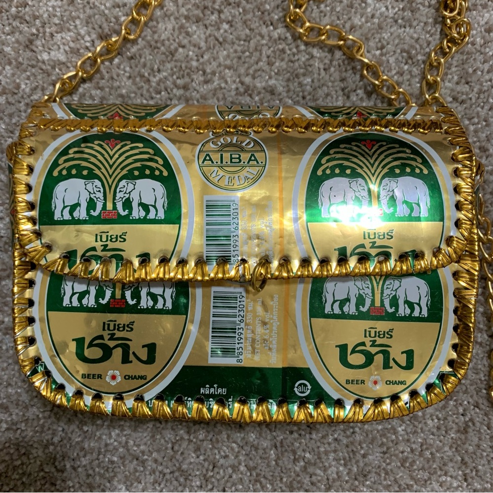 Chang Beer Can Thailand Shoulder Crossbody Purse Gold Chain Upcycled Recycled